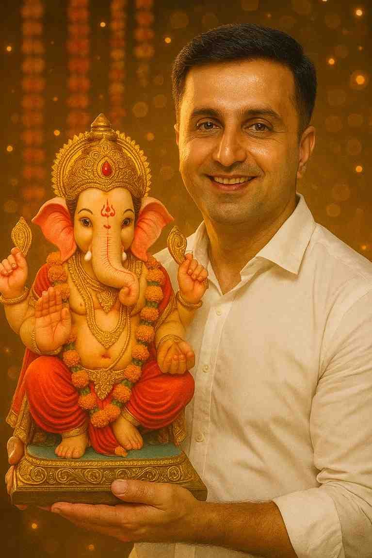 Ganesh Chaturthi AI Image Prompt – Ultra-realistic man holding Ganesha idol